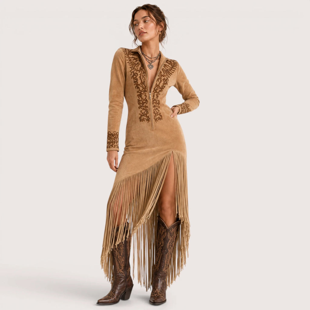 Celeste | Damen Langarm Maxi Kleid Mit Fransen