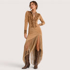 Celeste | Damen Langarm Maxi Kleid Mit Fransen