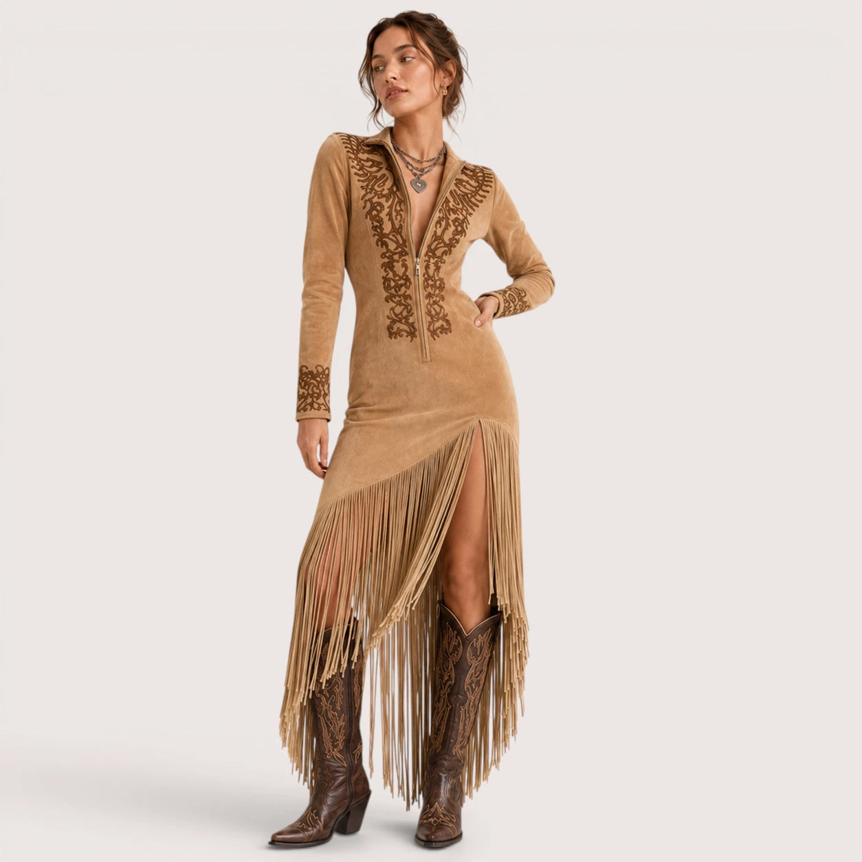 Celeste | Damen Langarm Maxi Kleid Mit Fransen