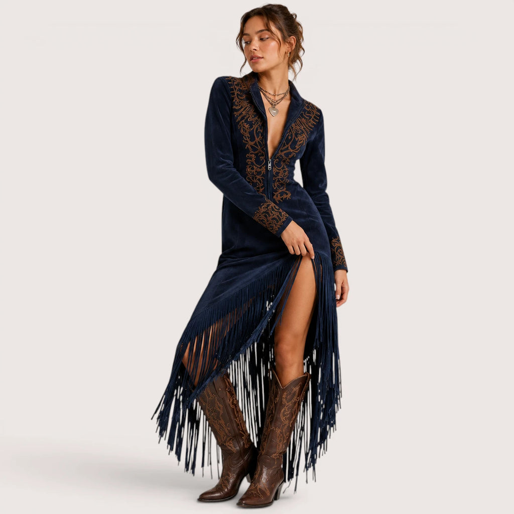 Celeste | Damen Langarm Maxi Kleid Mit Fransen