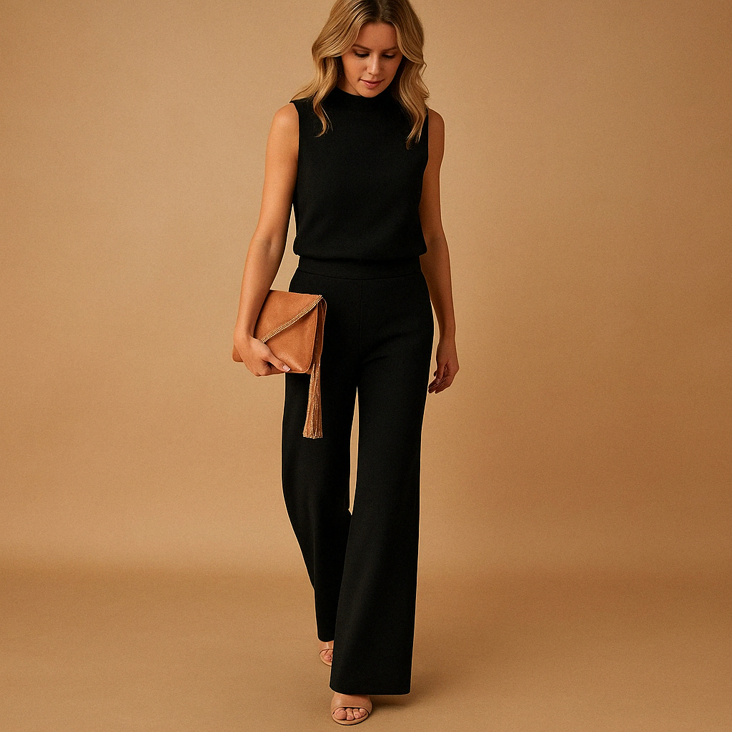 Rowena | Damen Jumpsuit Mit Rundhalsausschnitt Und Weitem Bein