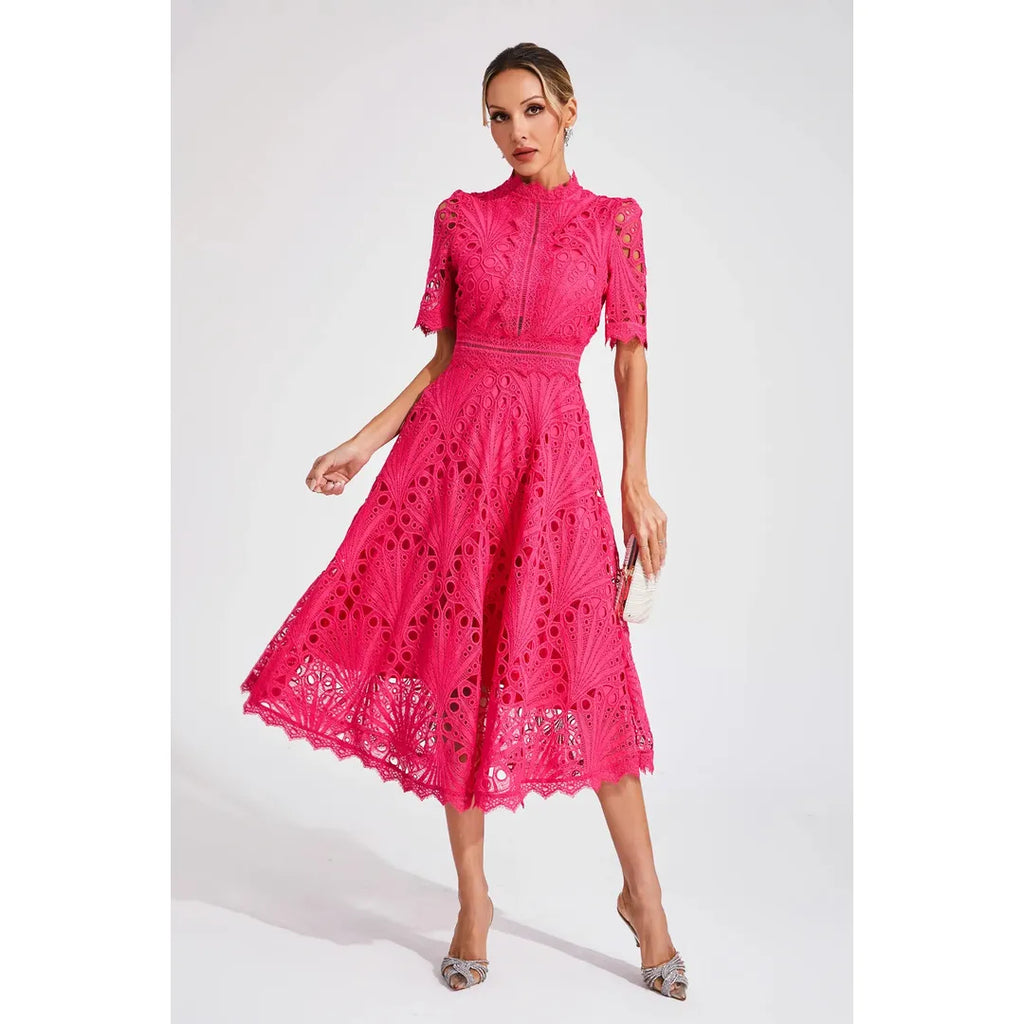 Juliette | Damen Kurzarm Spitzen Midi Kleid