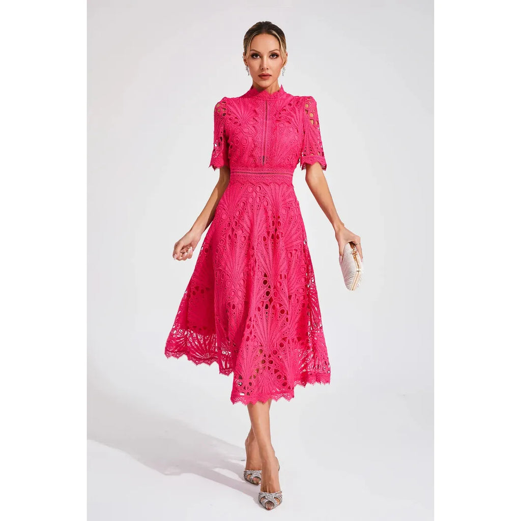 Juliette | Damen Kurzarm Spitzen Midi Kleid