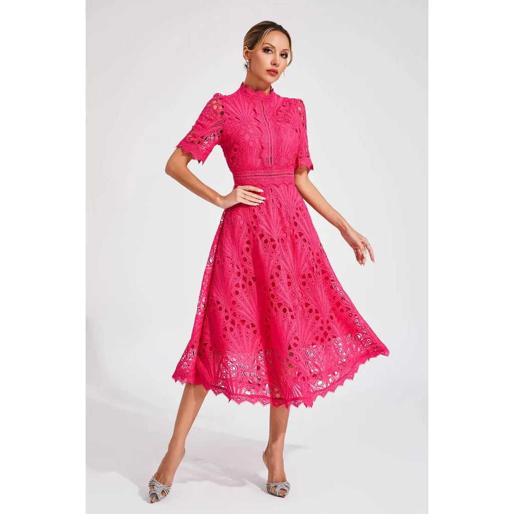 Juliette | Damen Kurzarm Spitzen Midi Kleid