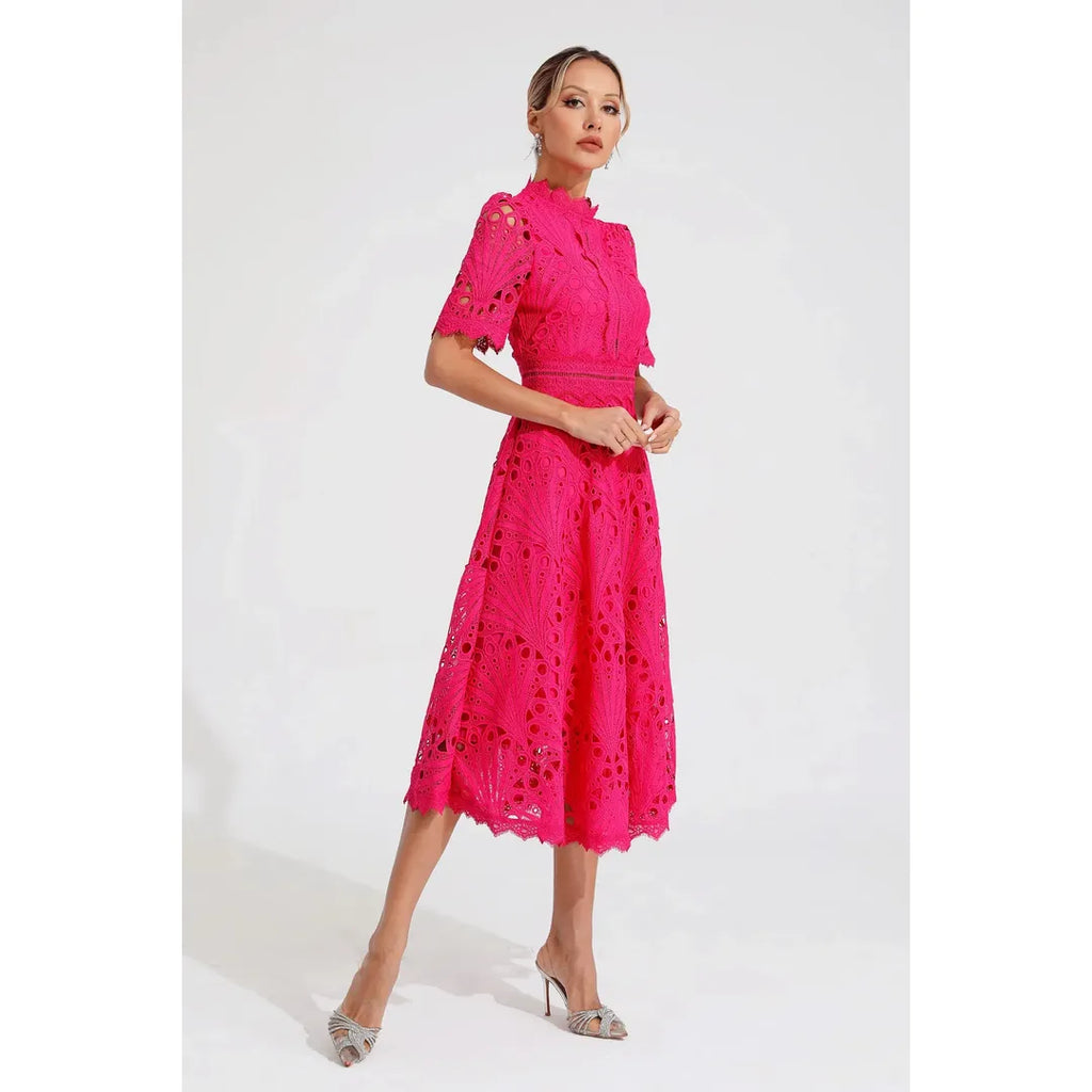 Juliette | Damen Kurzarm Spitzen Midi Kleid
