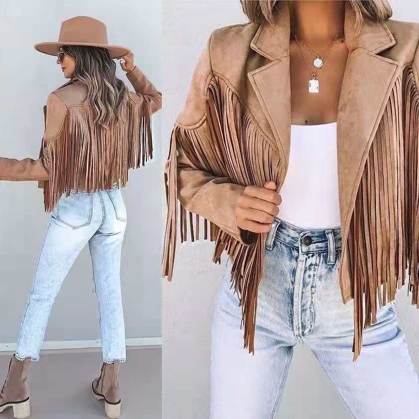 Lydia | Damen Kurzjacke Mit Fransen Und Reverskragen
