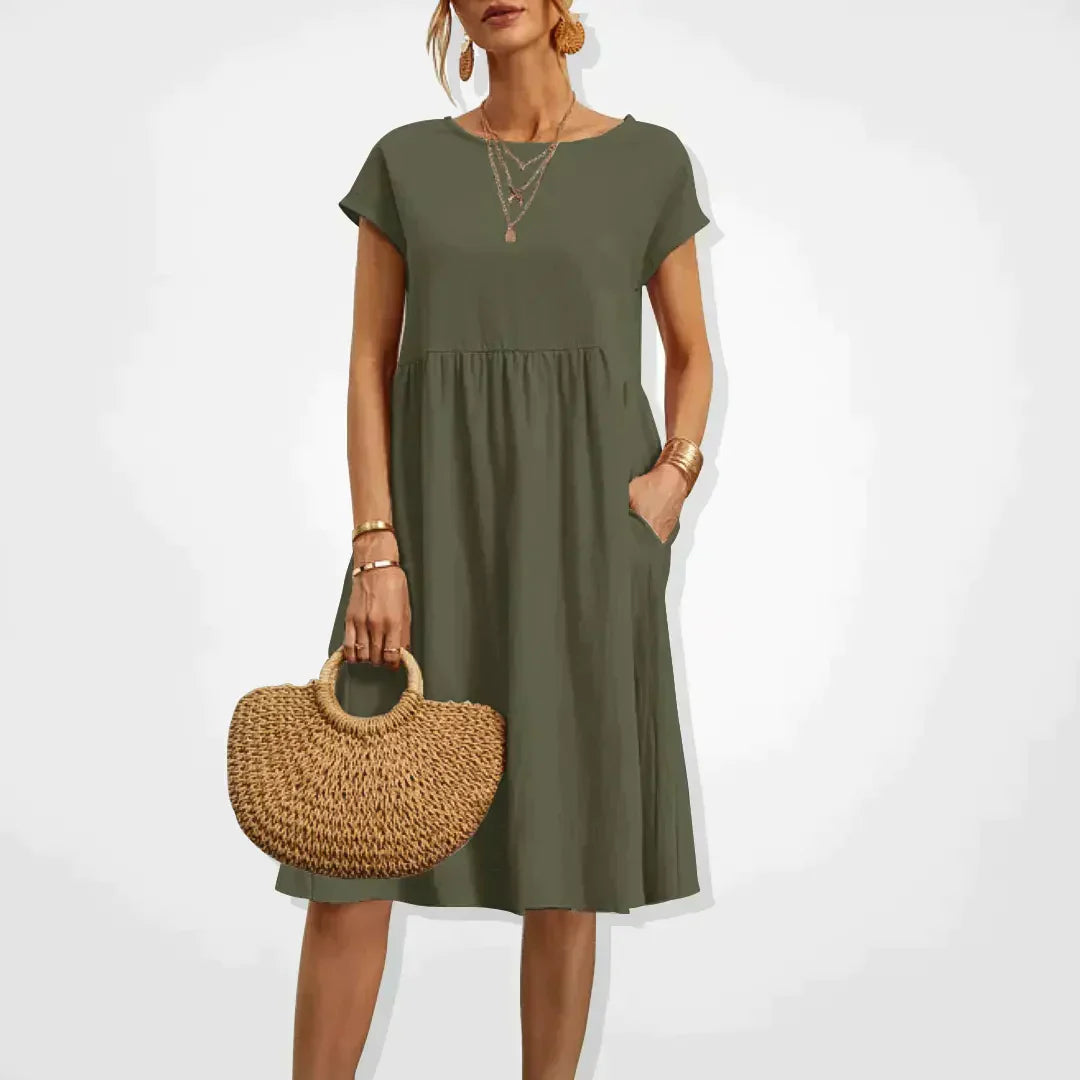 Willa | Damen Kurzarm Midikleid Mit Seitentaschen