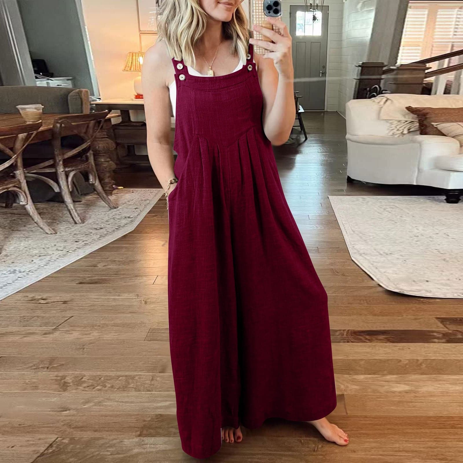 Valeria | Damen Jumpsuit Mit Weitem Bein Und Verstellbaren Trägerknöpfen