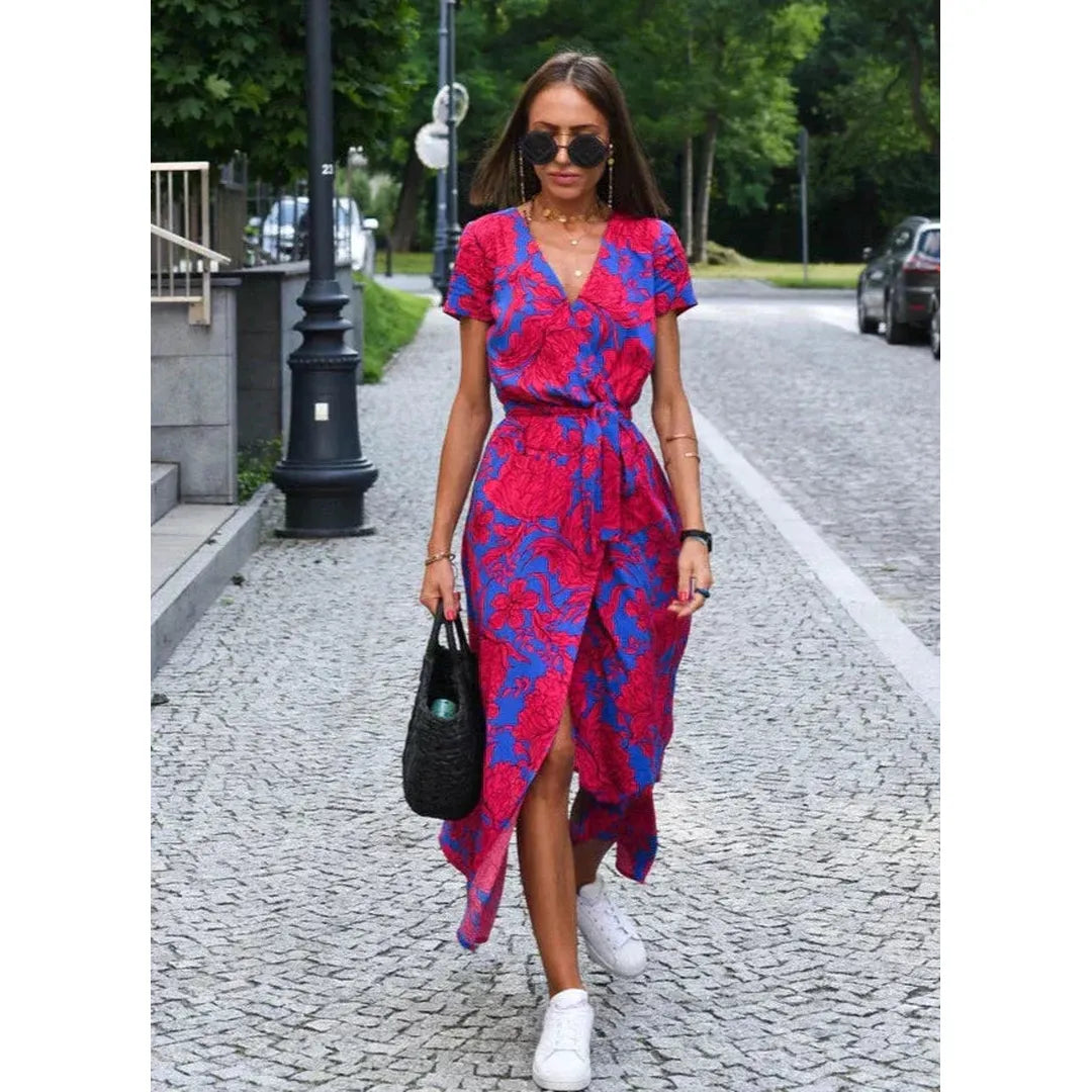 Penelope | Damen Midi Kleid Mit Blumenprint Und Bindegürtel