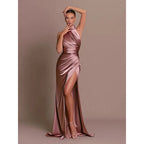 Ruby | Damen Satin Abendkleid Mit Neckholder Und Hohem Schlitz