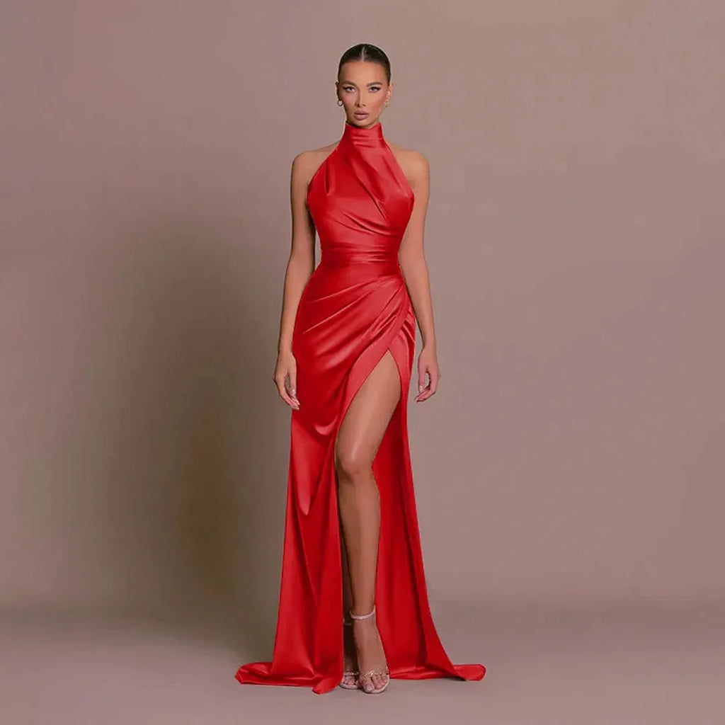 Ruby | Damen Satin Abendkleid Mit Neckholder Und Hohem Schlitz
