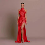 Ruby | Damen Satin Abendkleid Mit Neckholder Und Hohem Schlitz