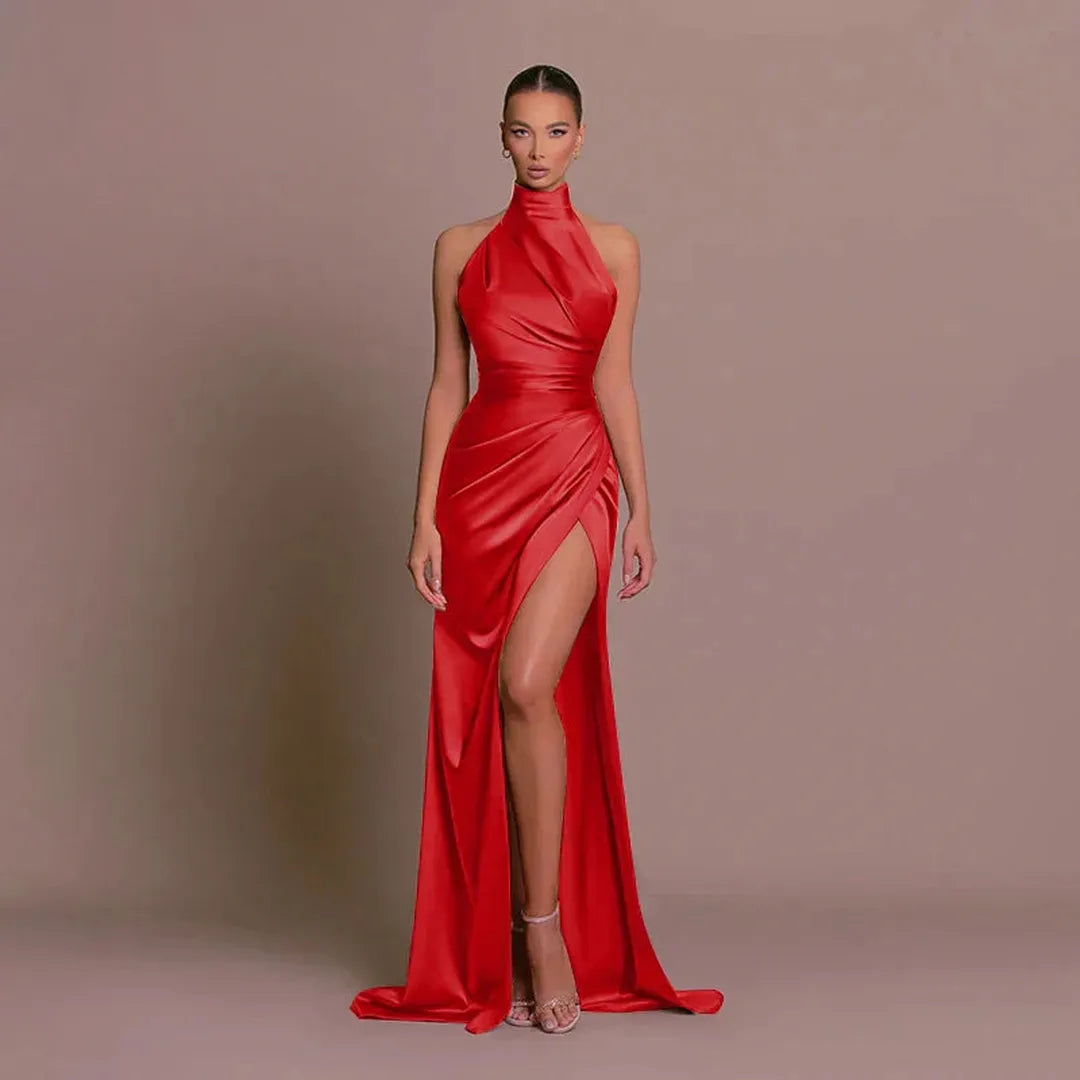 Ruby | Damen Satin Abendkleid Mit Neckholder Und Hohem Schlitz