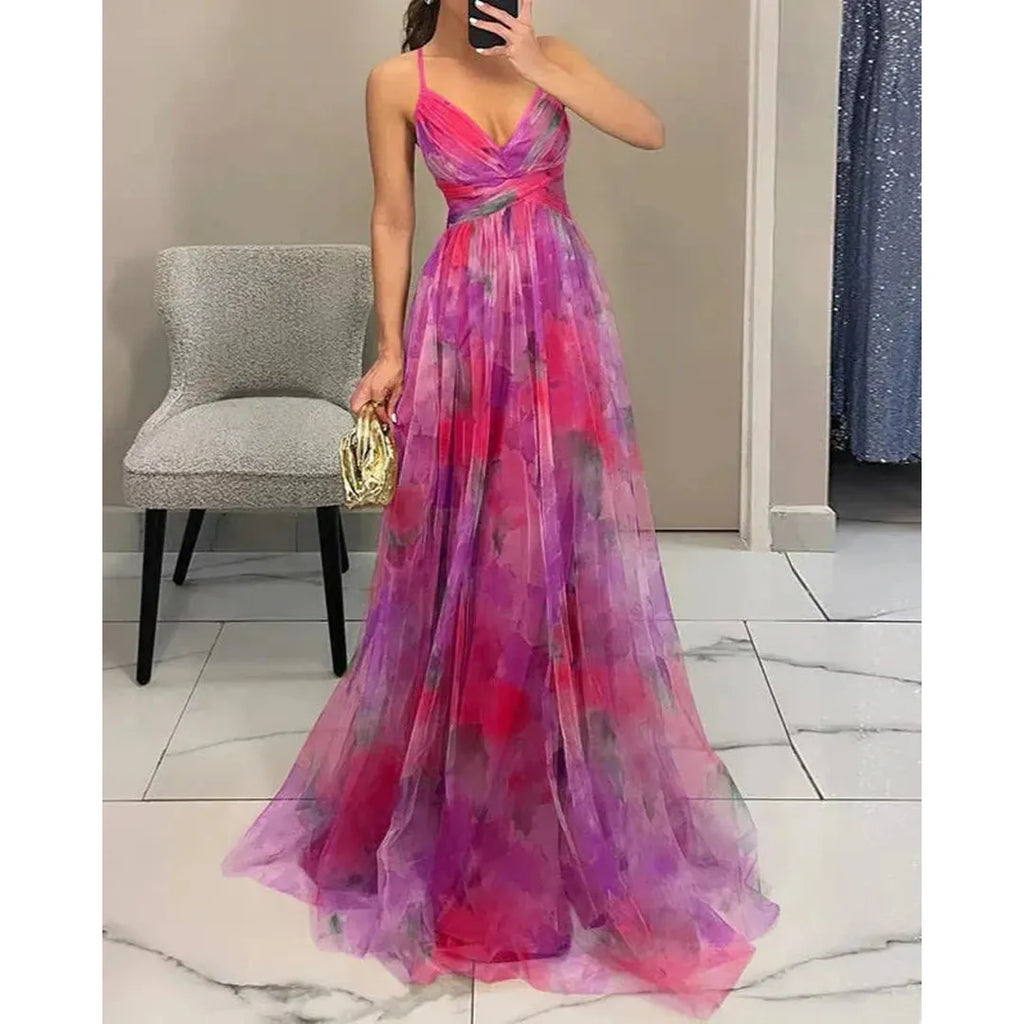 Isabelle | Blumenprint Maxi Kleid Mit V-Ausschnitt Und Spaghettiträgern