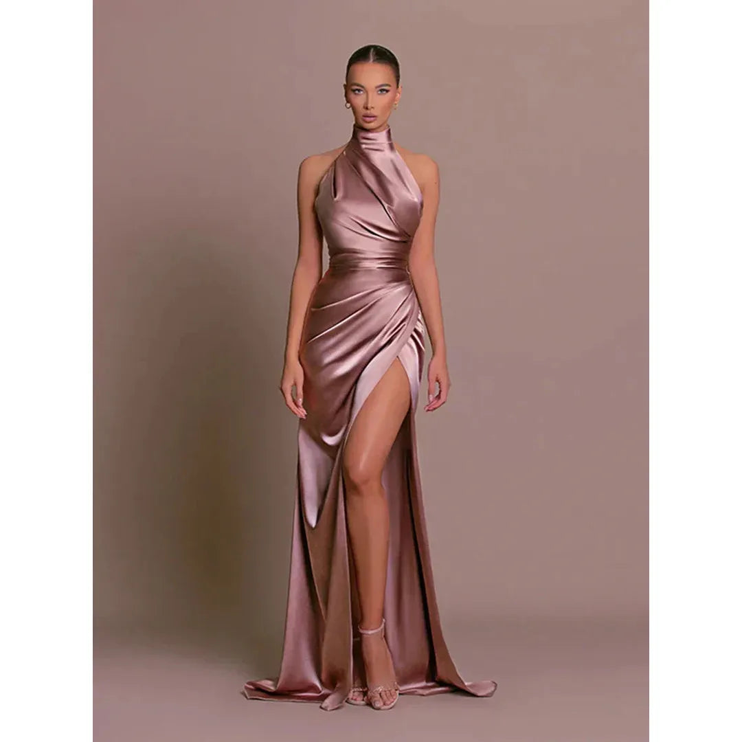 Ruby | Damen Satin Abendkleid Mit Neckholder Und Hohem Schlitz