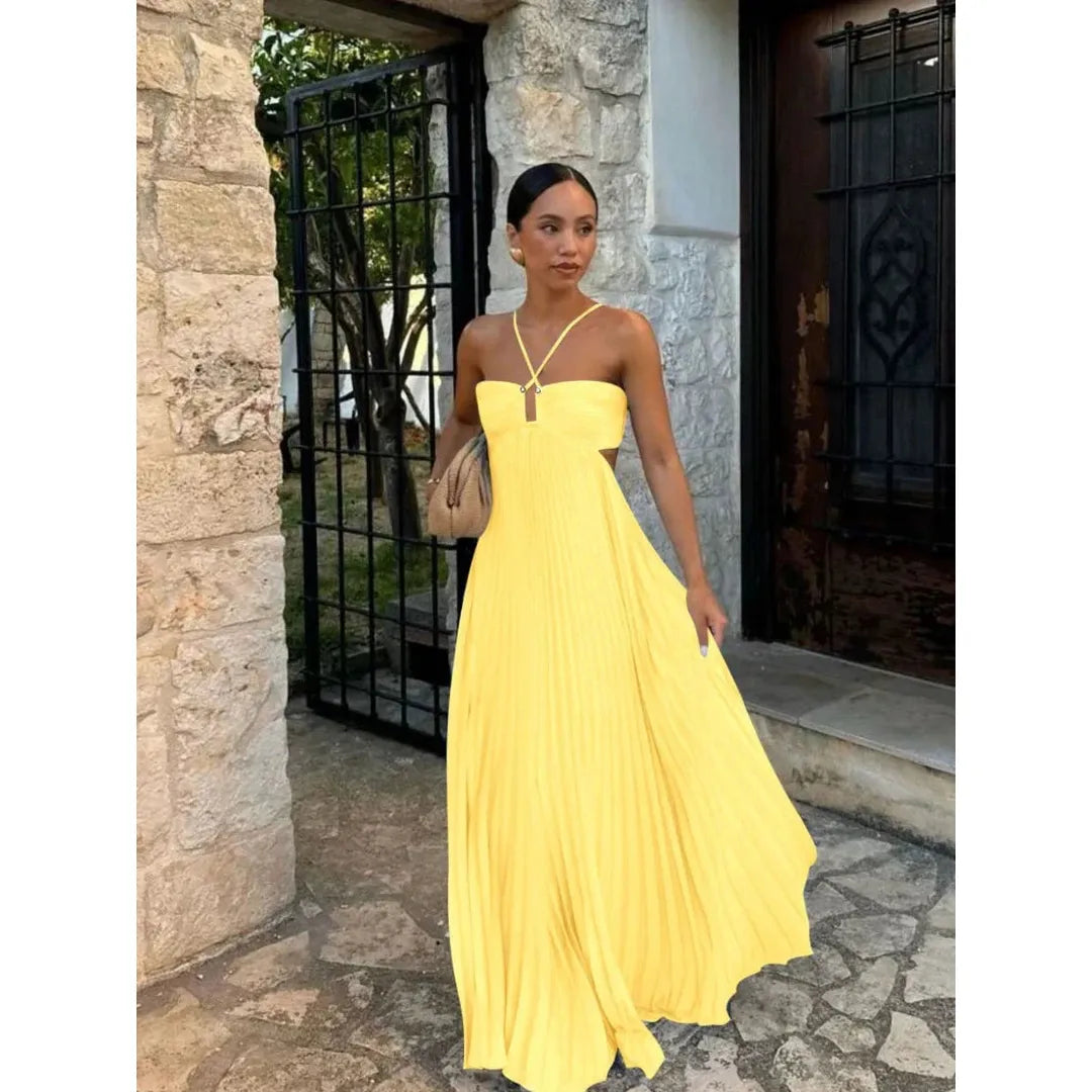 Elena | Damen Plissiertes Maxi Kleid Mit Spaghettiträgern