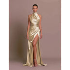 Ruby | Damen Satin Abendkleid Mit Neckholder Und Hohem Schlitz
