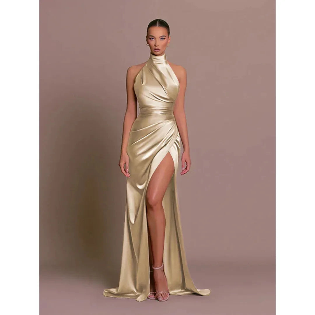 Ruby | Damen Satin Abendkleid Mit Neckholder Und Hohem Schlitz