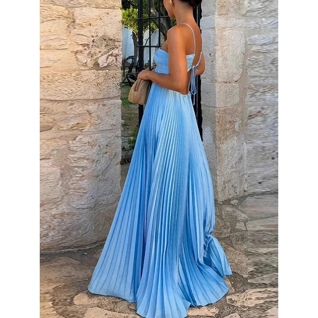 Elena | Damen Plissiertes Maxi Kleid Mit Spaghettiträgern