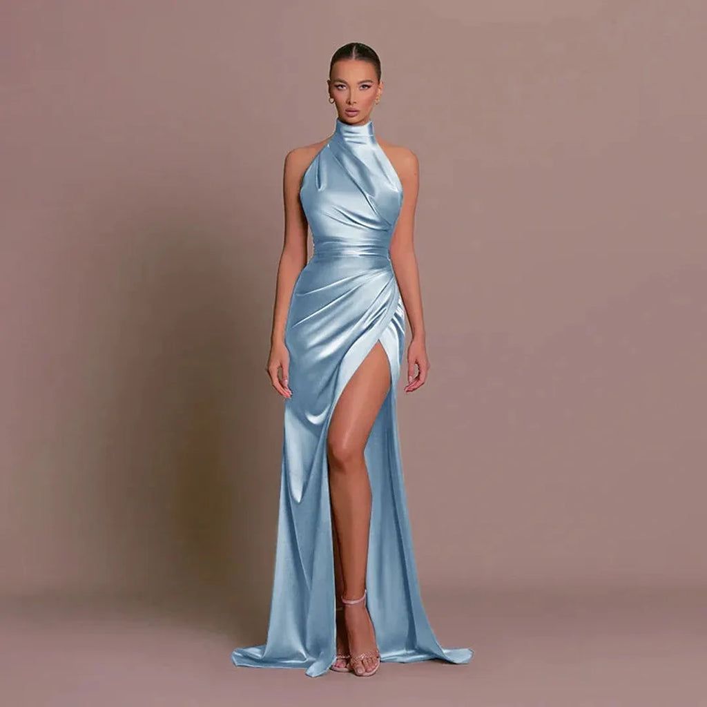 Ruby | Damen Satin Abendkleid Mit Neckholder Und Hohem Schlitz