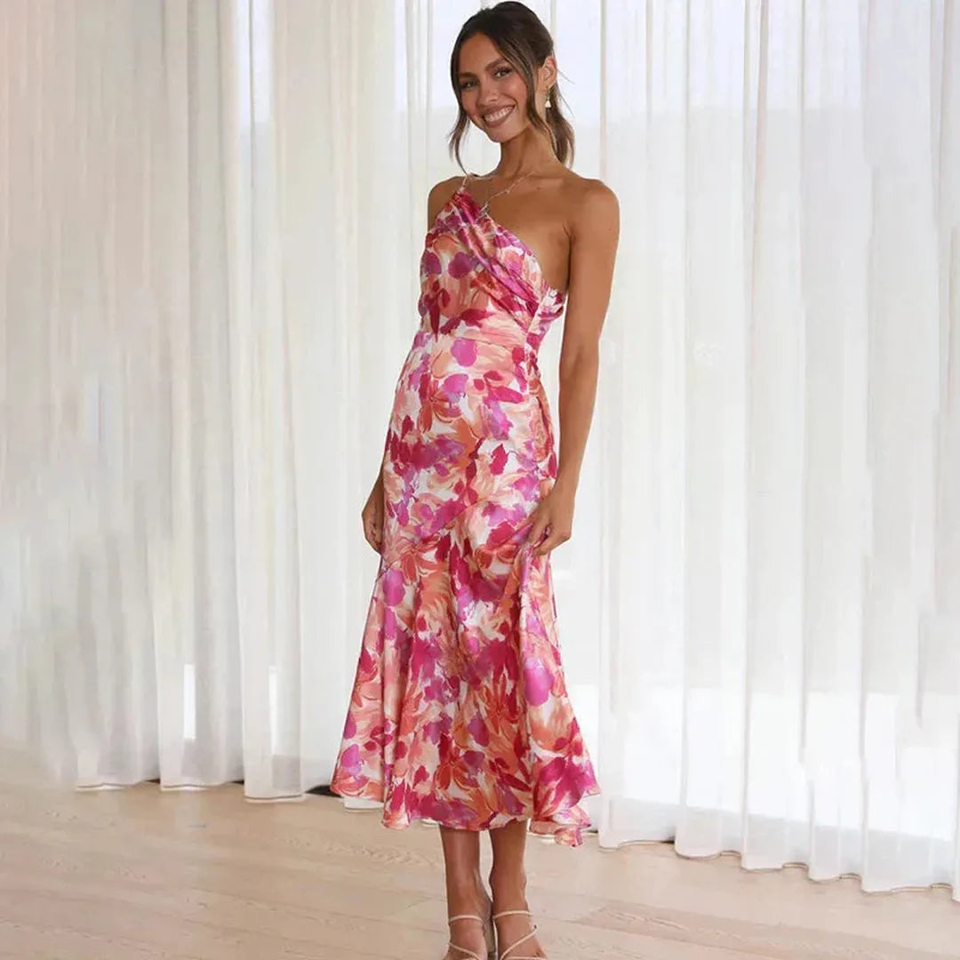 Mila | Asymmetrisches Blumen Midi Kleid Mit Ein-Schulter