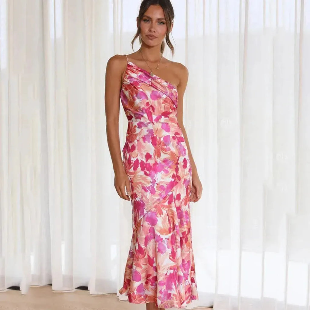 Mila | Asymmetrisches Blumen Midi Kleid Mit Ein-Schulter