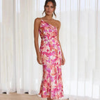 Mila | Asymmetrisches Blumen Midi Kleid Mit Ein-Schulter