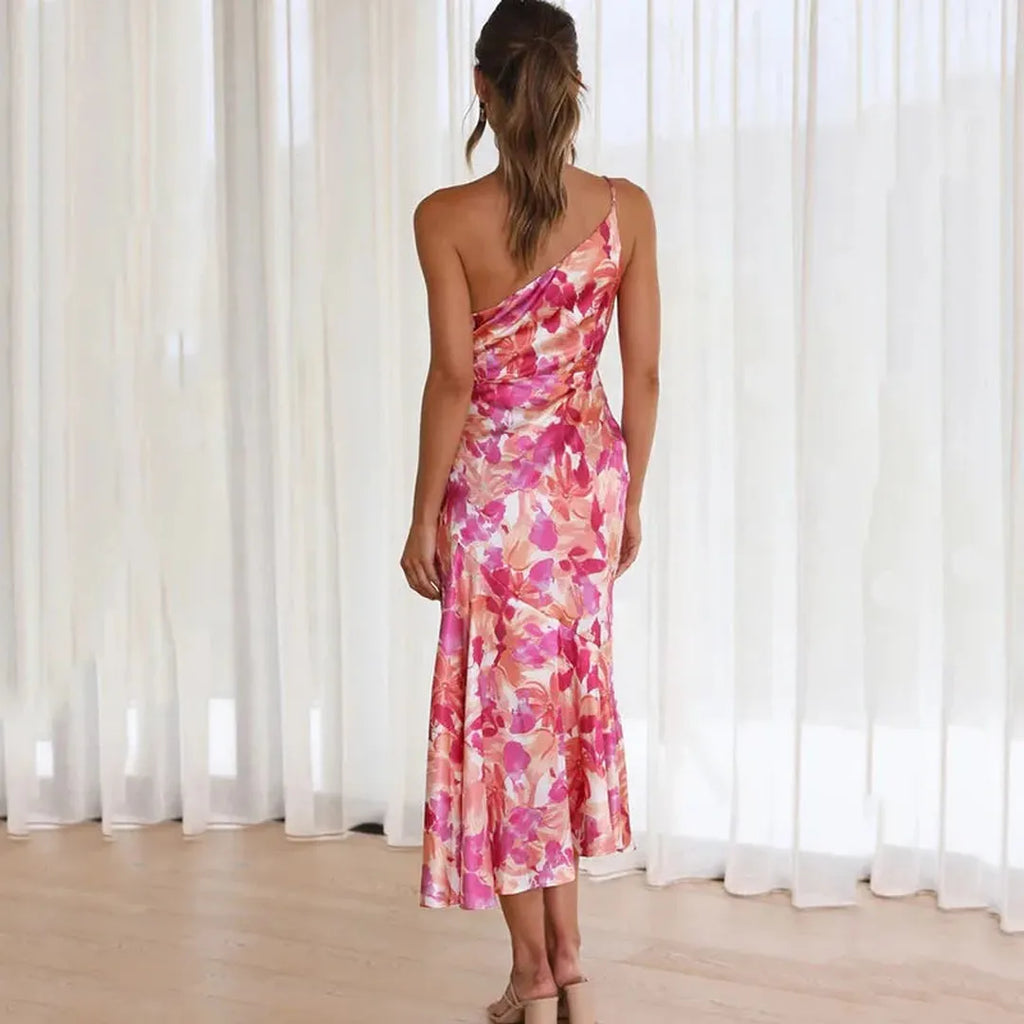 Mila | Asymmetrisches Blumen Midi Kleid Mit Ein-Schulter