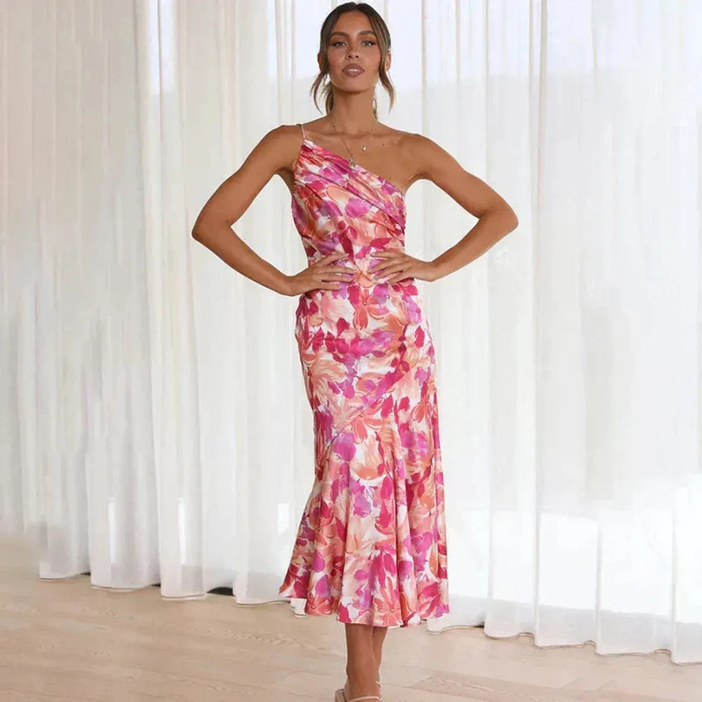 Mila | Asymmetrisches Blumen Midi Kleid Mit Ein-Schulter