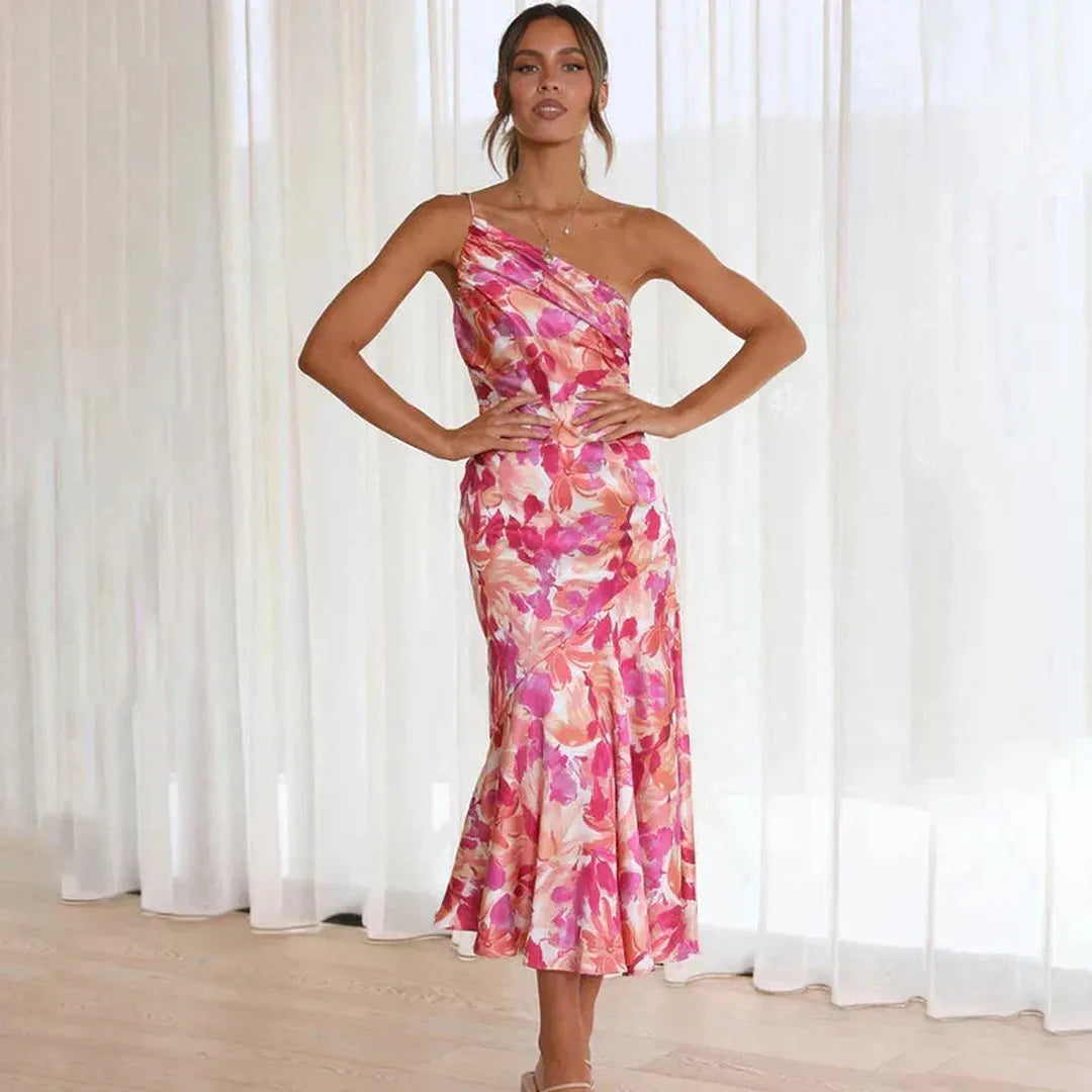 Mila | Asymmetrisches Blumen Midi Kleid Mit Ein-Schulter