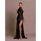 Ruby | Damen Satin Abendkleid Mit Neckholder Und Hohem Schlitz