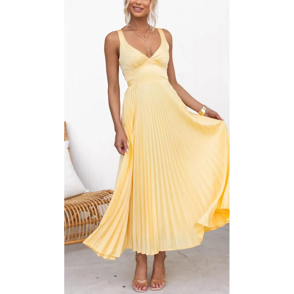 Arabella | Damen Plissee Maxi Kleid Mit V-Ausschnitt Und Ärmellos
