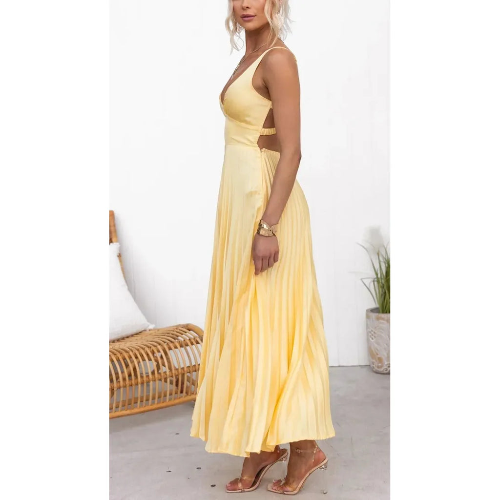 Arabella | Damen Plissee Maxi Kleid Mit V-Ausschnitt Und Ärmellos