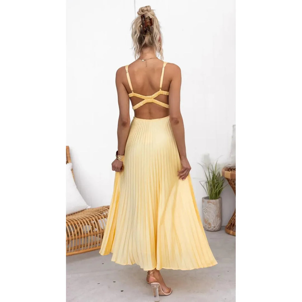Arabella | Damen Plissee Maxi Kleid Mit V-Ausschnitt Und Ärmellos
