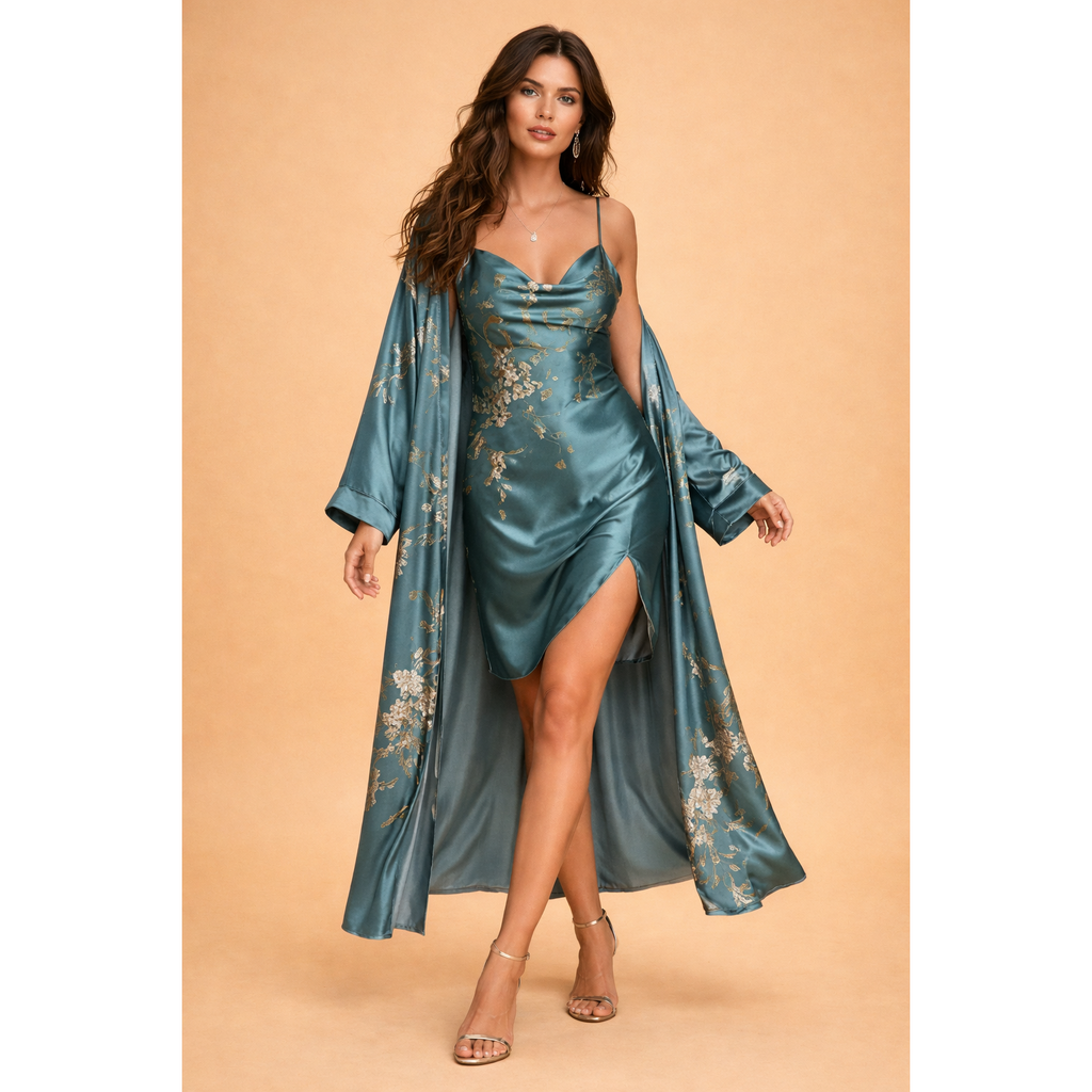 Vera | Damen Satin Zweiteiler Mit Cover-Up Overlay