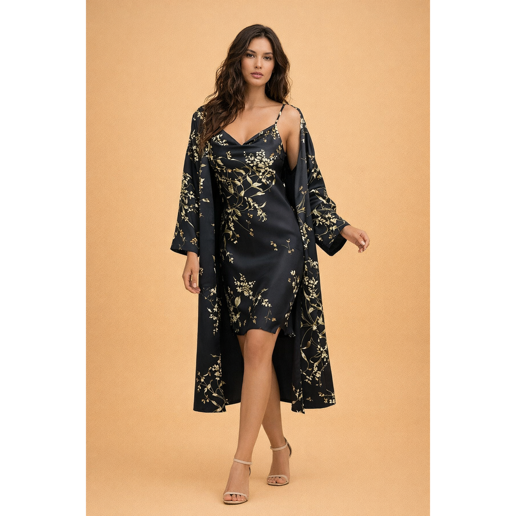 Vera | Damen Satin Zweiteiler Mit Cover-Up Overlay