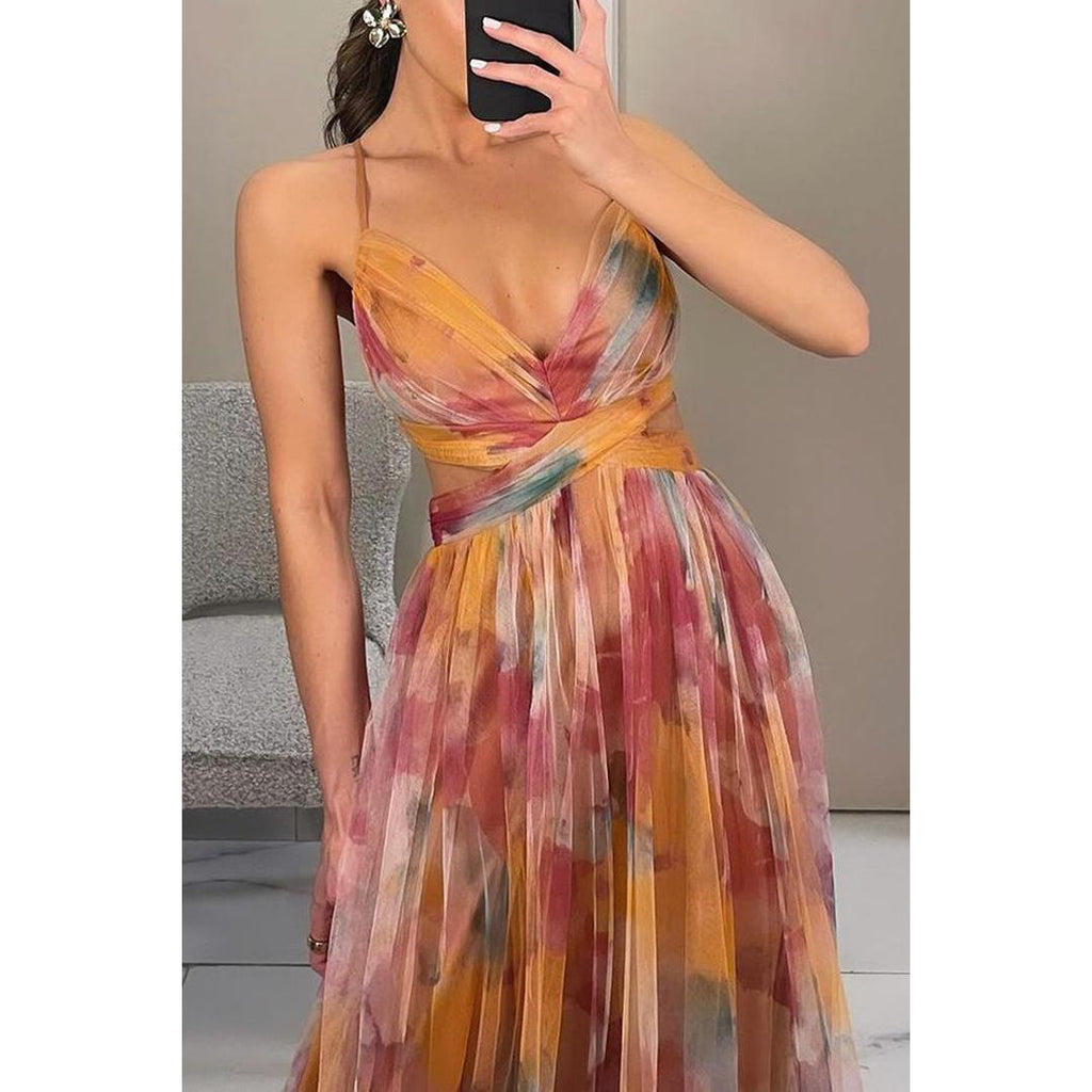 Isabelle | Blumenprint Maxi Kleid Mit V-Ausschnitt Und Spaghettiträgern