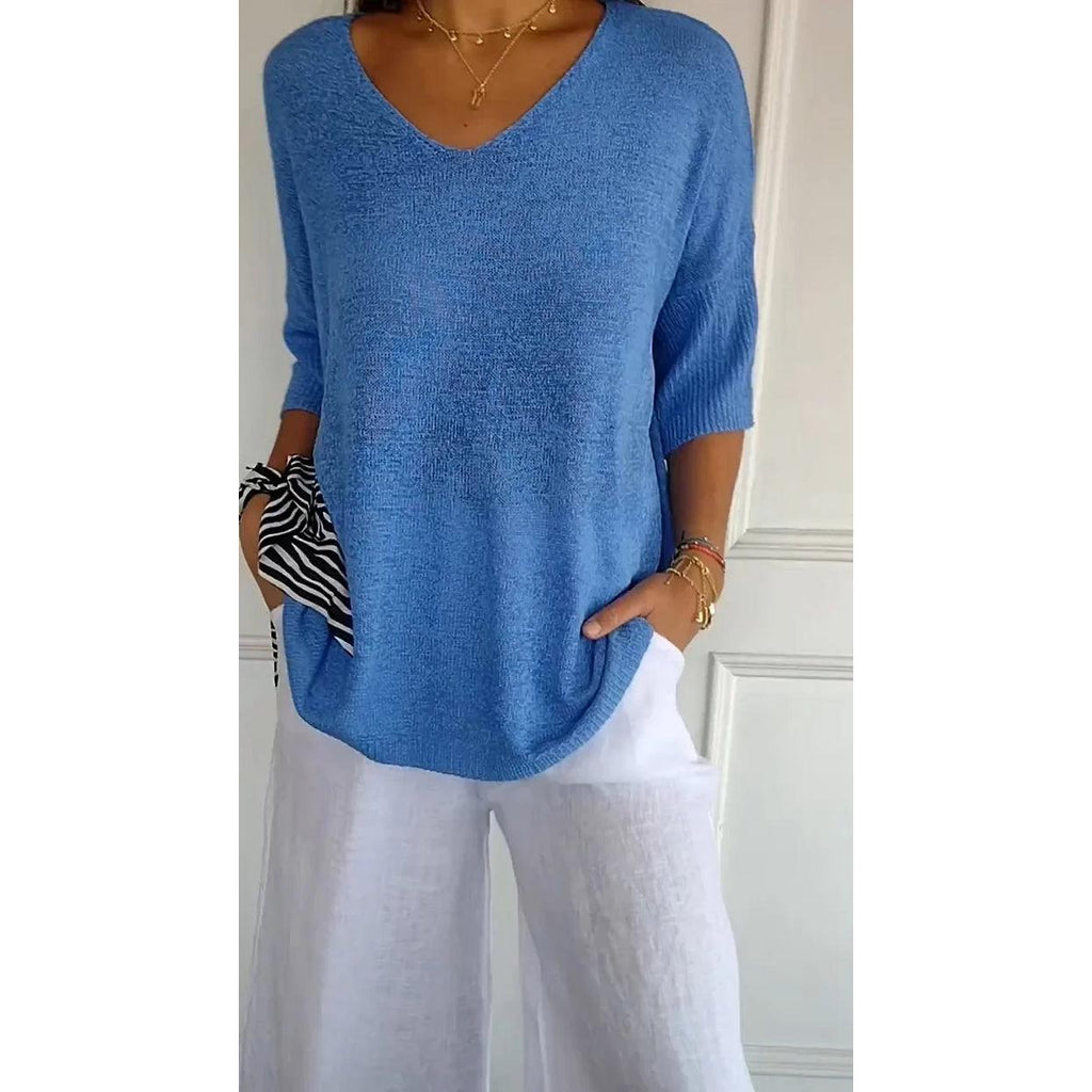 Lucille | Damen Stricktop Mit V-Ausschnitt Und Dreiviertelärmeln