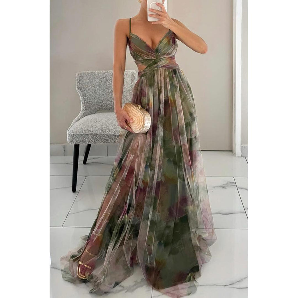 Isabelle | Blumenprint Maxi Kleid Mit V-Ausschnitt Und Spaghettiträgern