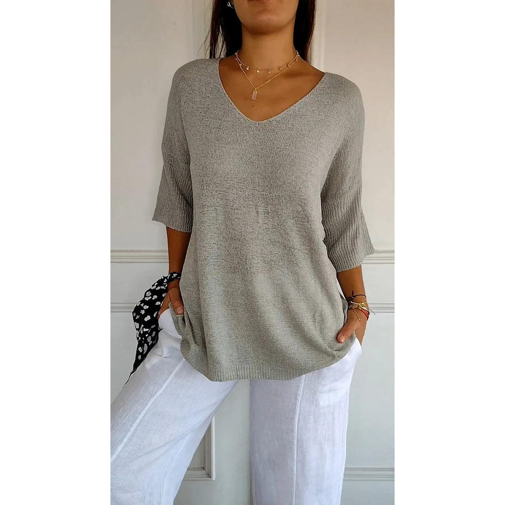 Lucille | Damen Stricktop Mit V-Ausschnitt Und Dreiviertelärmeln