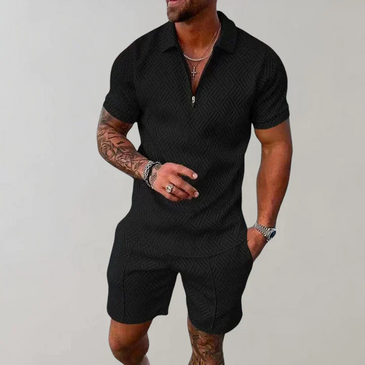 Ashton | Herren Strukturierter Kurzarm Zip Polo Und Shorts Set