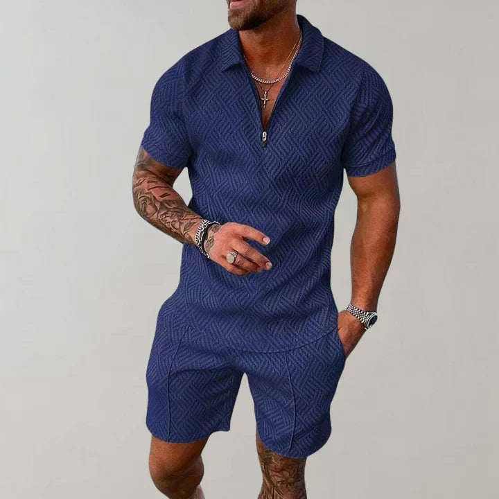 Ashton | Herren Strukturierter Kurzarm Zip Polo Und Shorts Set