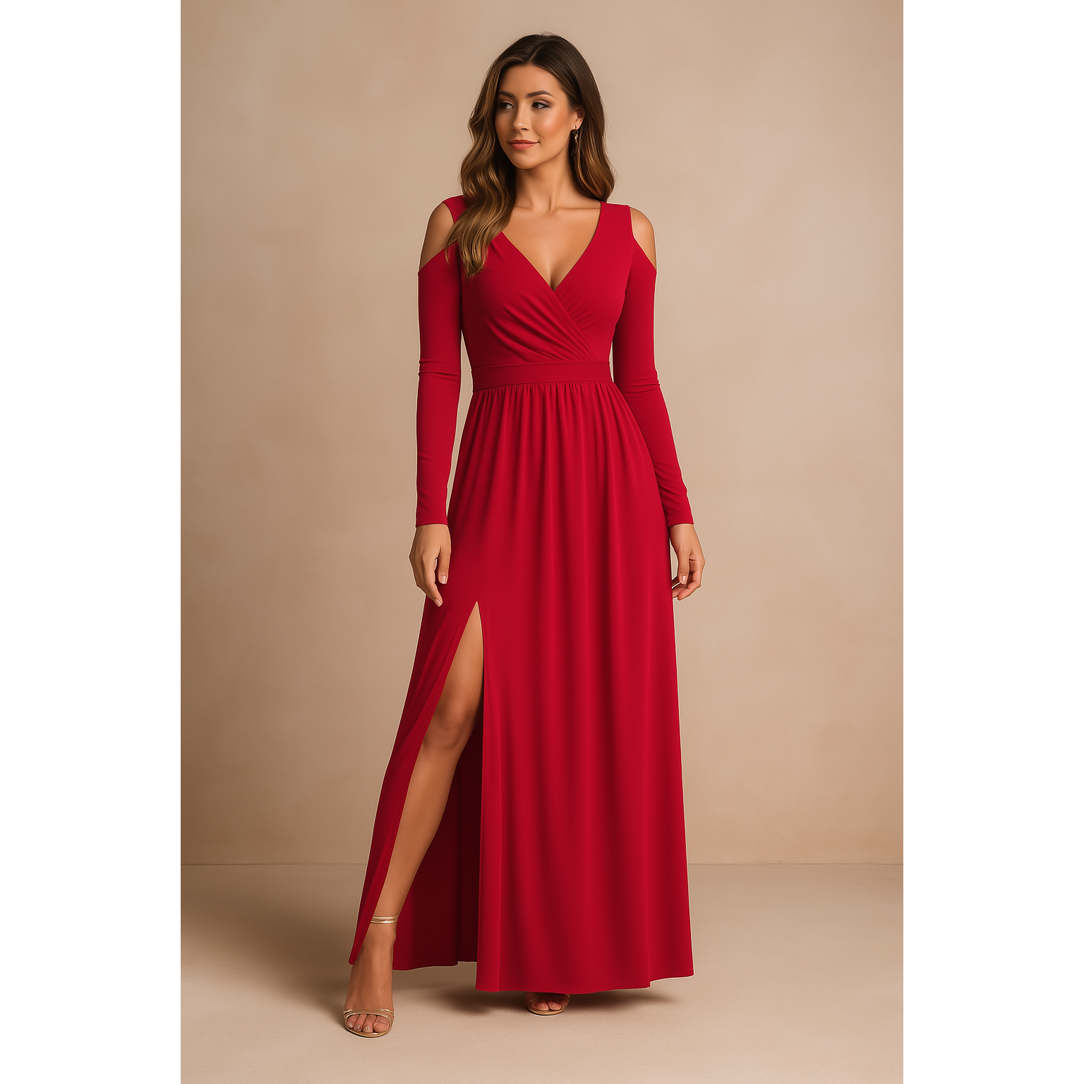 Amaya | Damen Cold Shoulder Maxikleid Mit V-Ausschnitt Und Seitenschlitz
