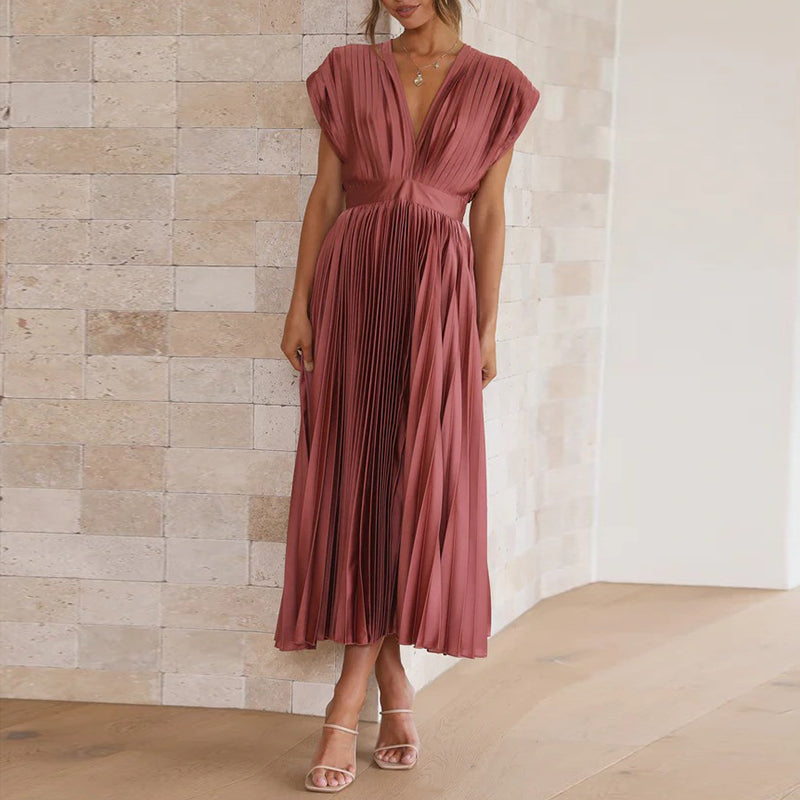 Valerie | Damen Ärmelloses Plissee Kleid Mit V-Ausschnitt