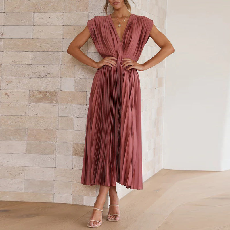 Valerie | Damen Ärmelloses Plissee Kleid Mit V-Ausschnitt