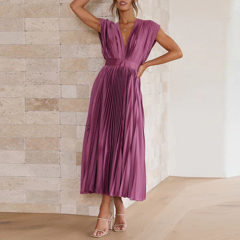 Valerie | Damen Ärmelloses Plissee Kleid Mit V-Ausschnitt