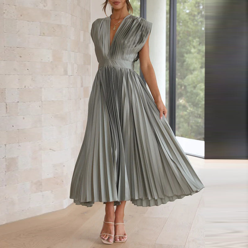 Valerie | Damen Ärmelloses Plissee Kleid Mit V-Ausschnitt