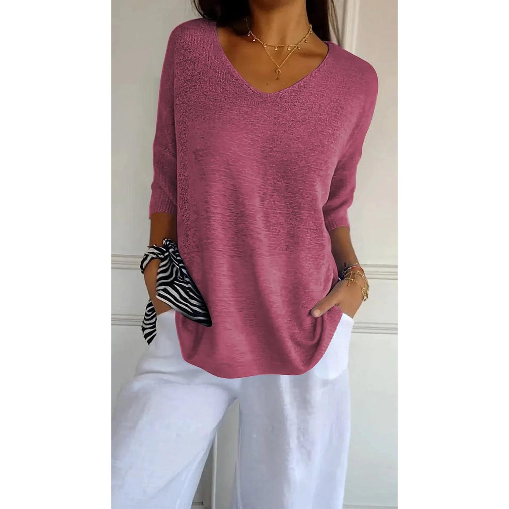 Lucille | Damen Stricktop Mit V-Ausschnitt Und Dreiviertelärmeln