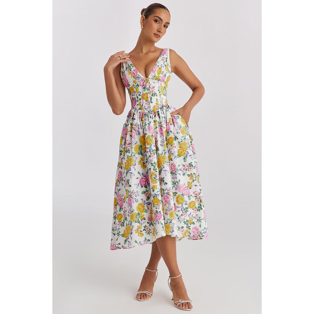 Aurora | Ärmelloses Blumen Midi Kleid Mit V-Ausschnitt