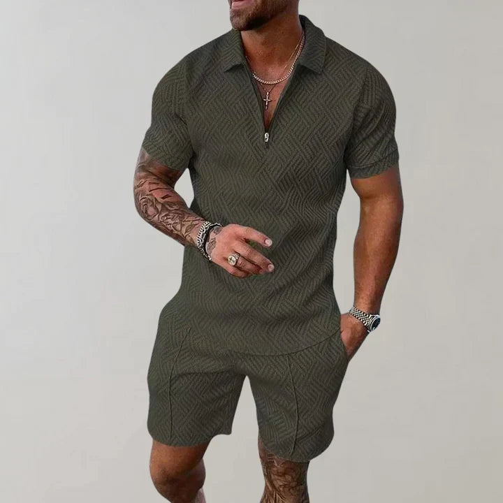 Ashton | Herren Strukturierter Kurzarm Zip Polo Und Shorts Set